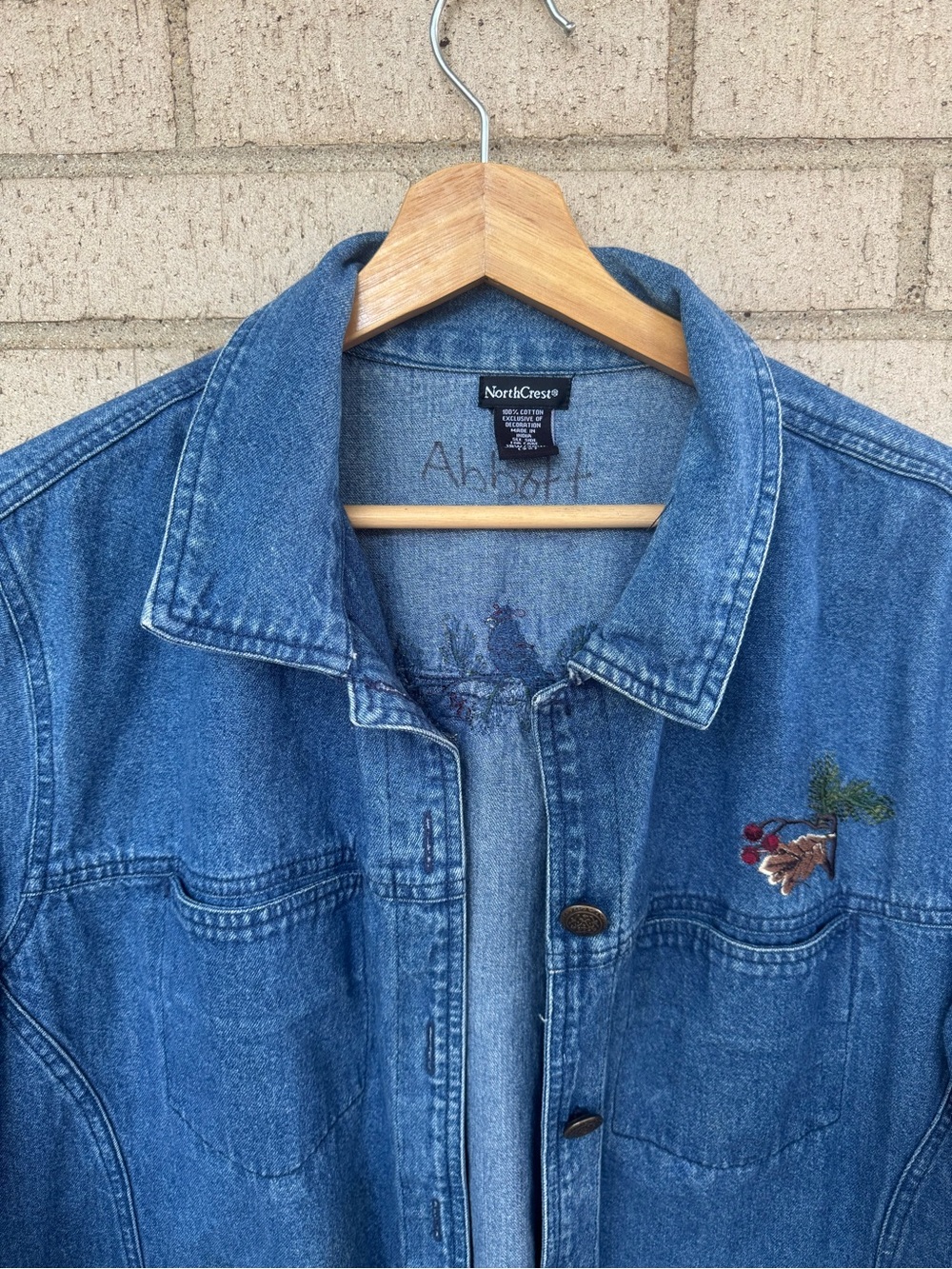 Vintage Blue Denim Shacket Jacket Fall Floral Embroidery Cotton 2X - Picture 4 of 7